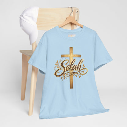Selah Cross Tee — Women's Christian T‑Shirt with Gold Script