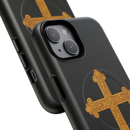 Gold Cross on Black Magnetic Tough Case for iPhone – Strength in Faith