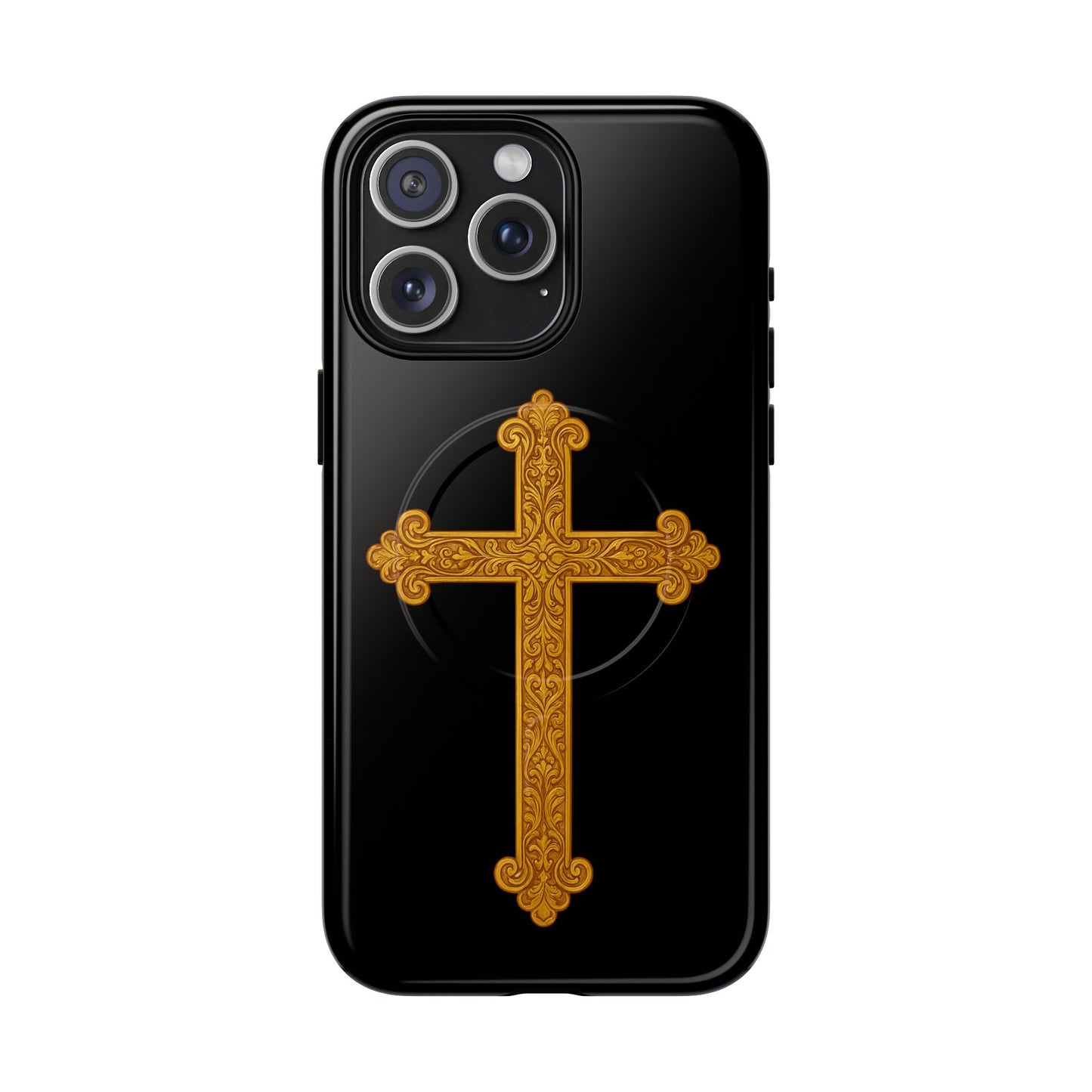 Gold Cross on Black Magnetic Tough Case for iPhone – Strength in Faith