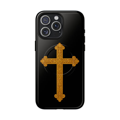 Gold Cross on Black Magnetic Tough Case for iPhone – Strength in Faith