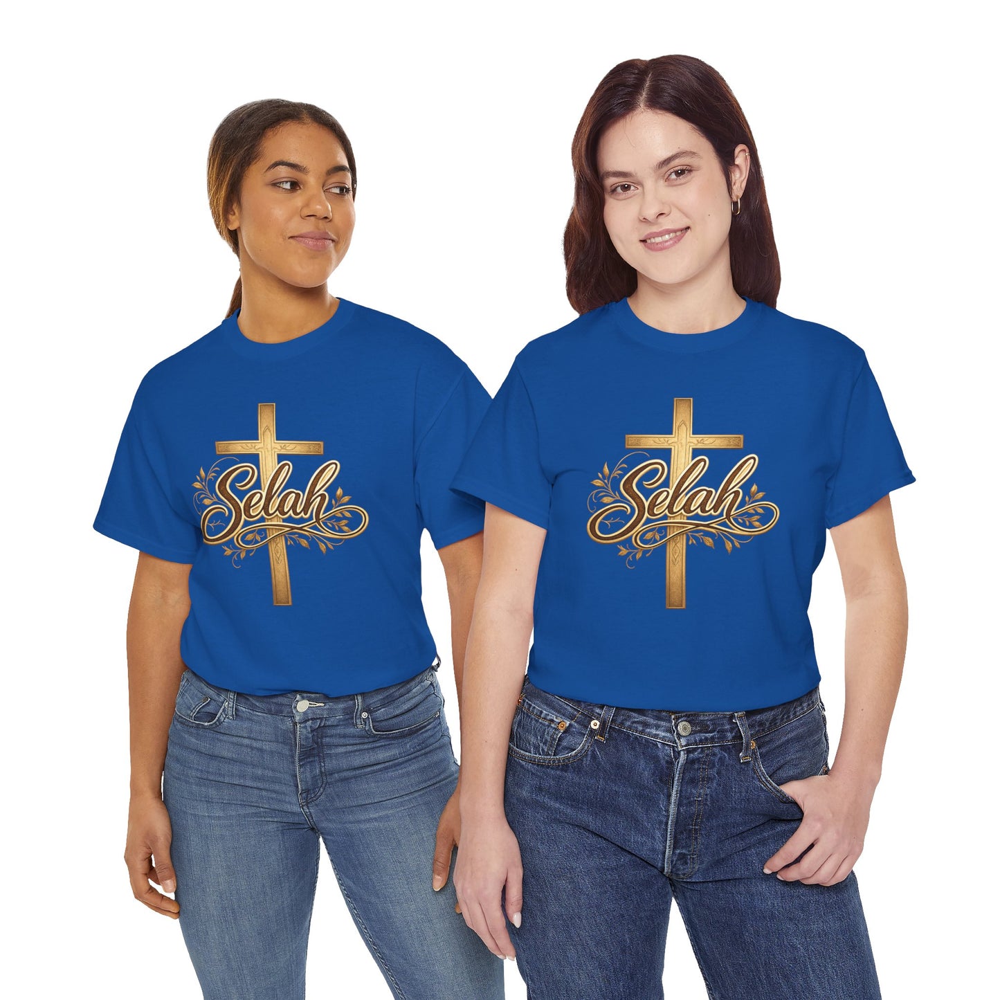 Selah Cross Tee — Women's Christian T‑Shirt with Gold Script