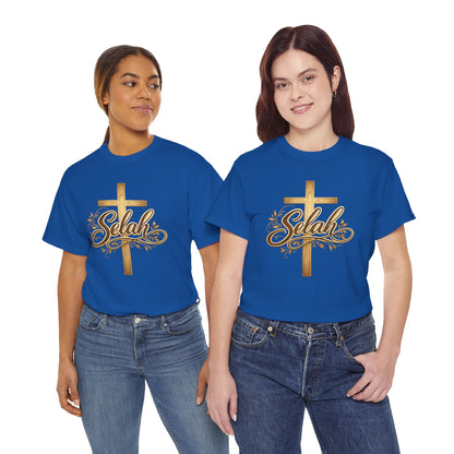 Selah Cross Tee — Women's Christian T‑Shirt with Gold Script