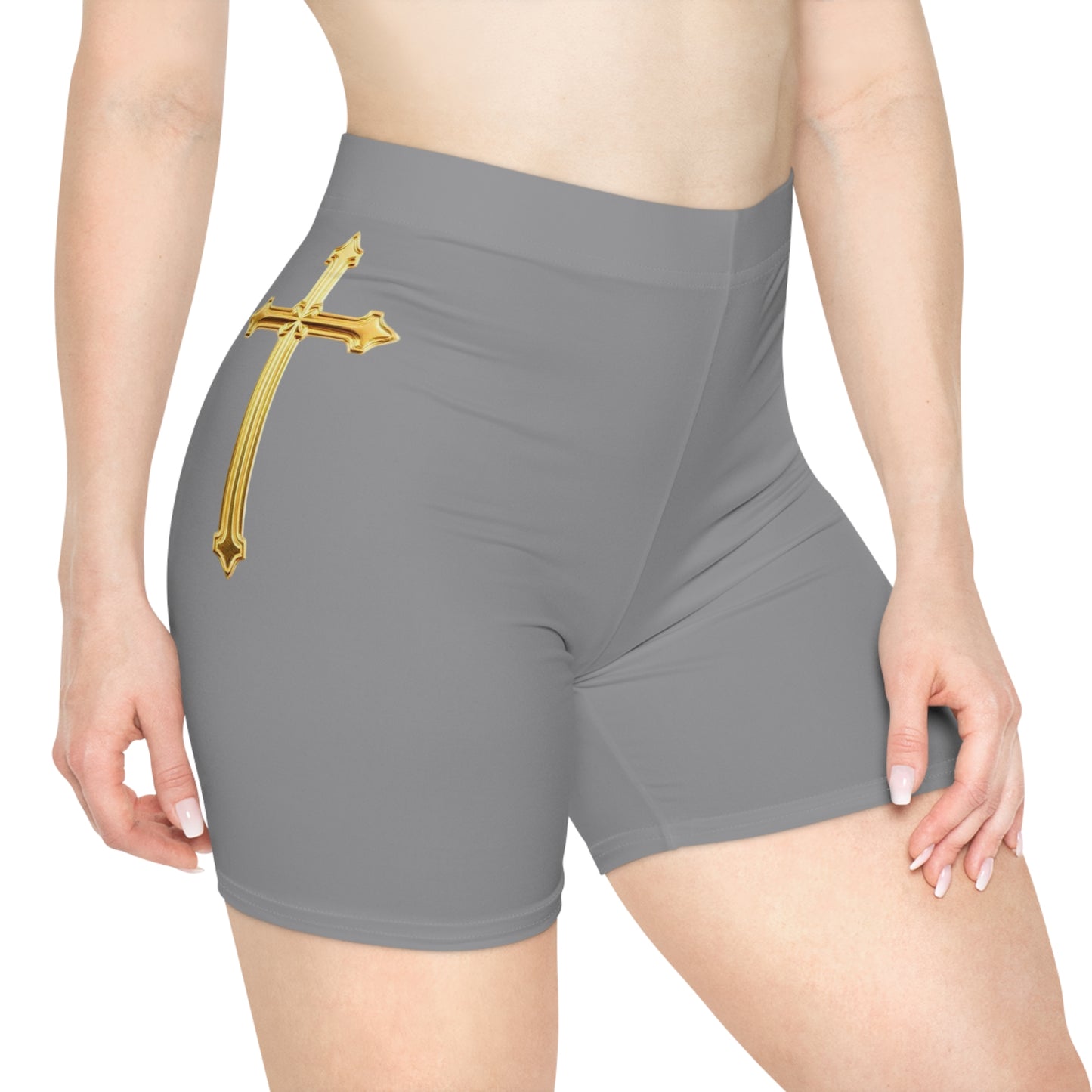Gold Cross Women’s Biking Shorts in Grey – Symbol of Eternal Victory