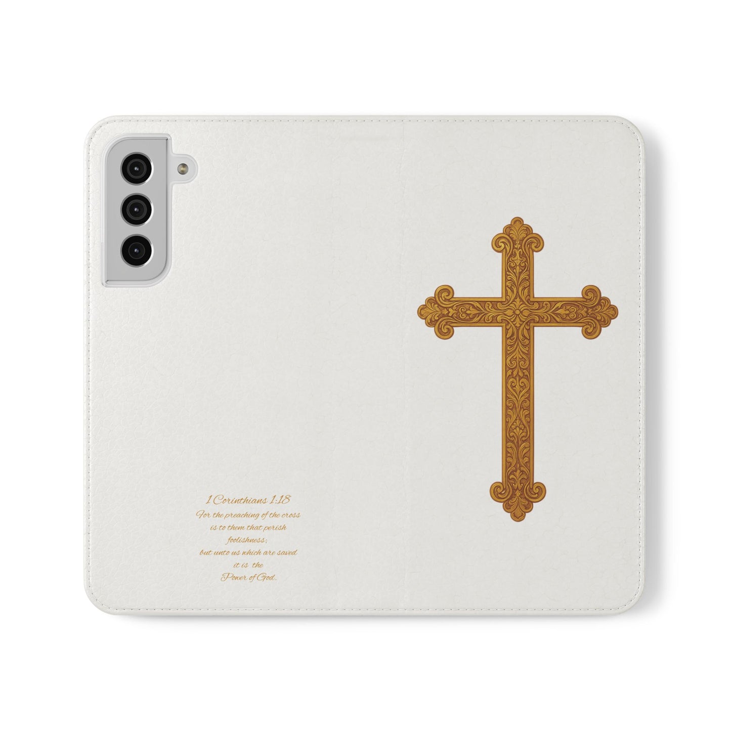 White with Gold Cross & 1 Corinthians 1:18 - Samsung Flip/Wallet Phone Case