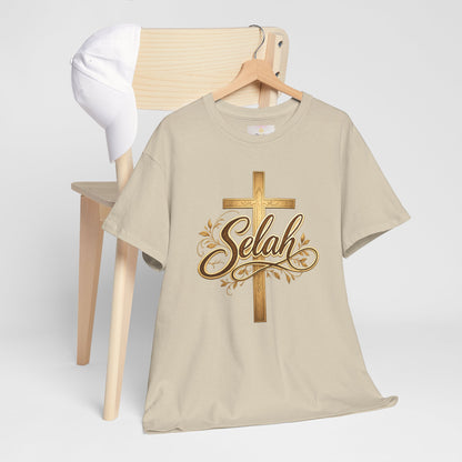 Selah Cross Tee — Women's Christian T‑Shirt with Gold Script