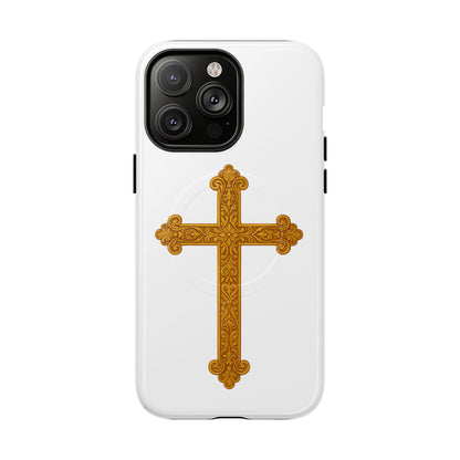 Gold Cross on White Magnetic Tough Case for iPhone – Strength in Faith
