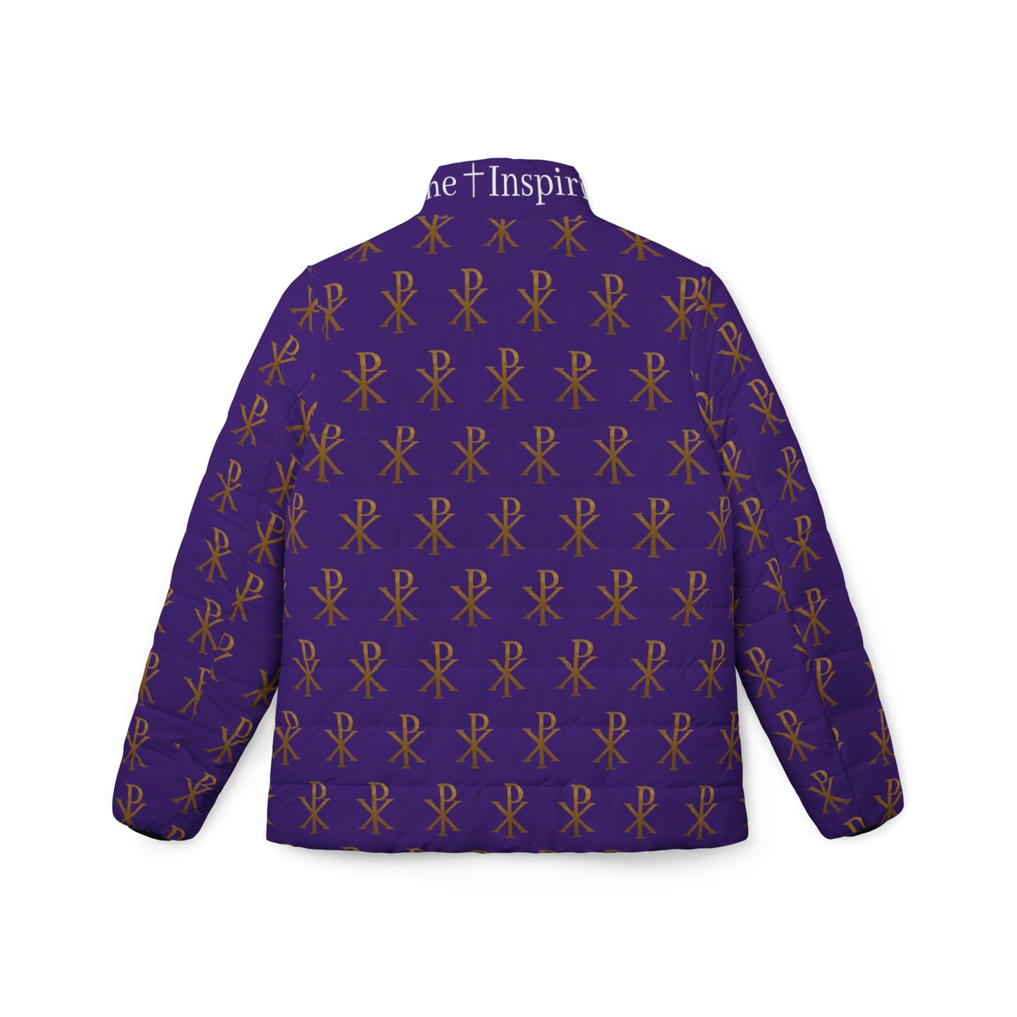 Radiant Victory Women’s Puffer Jacket in Purple – Gold Chi Rho Pattern