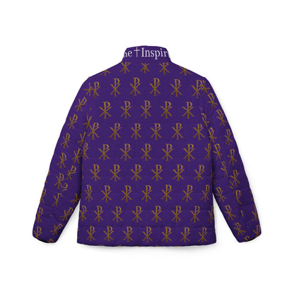 Radiant Victory Women’s Puffer Jacket in Purple – Gold Chi Rho Pattern