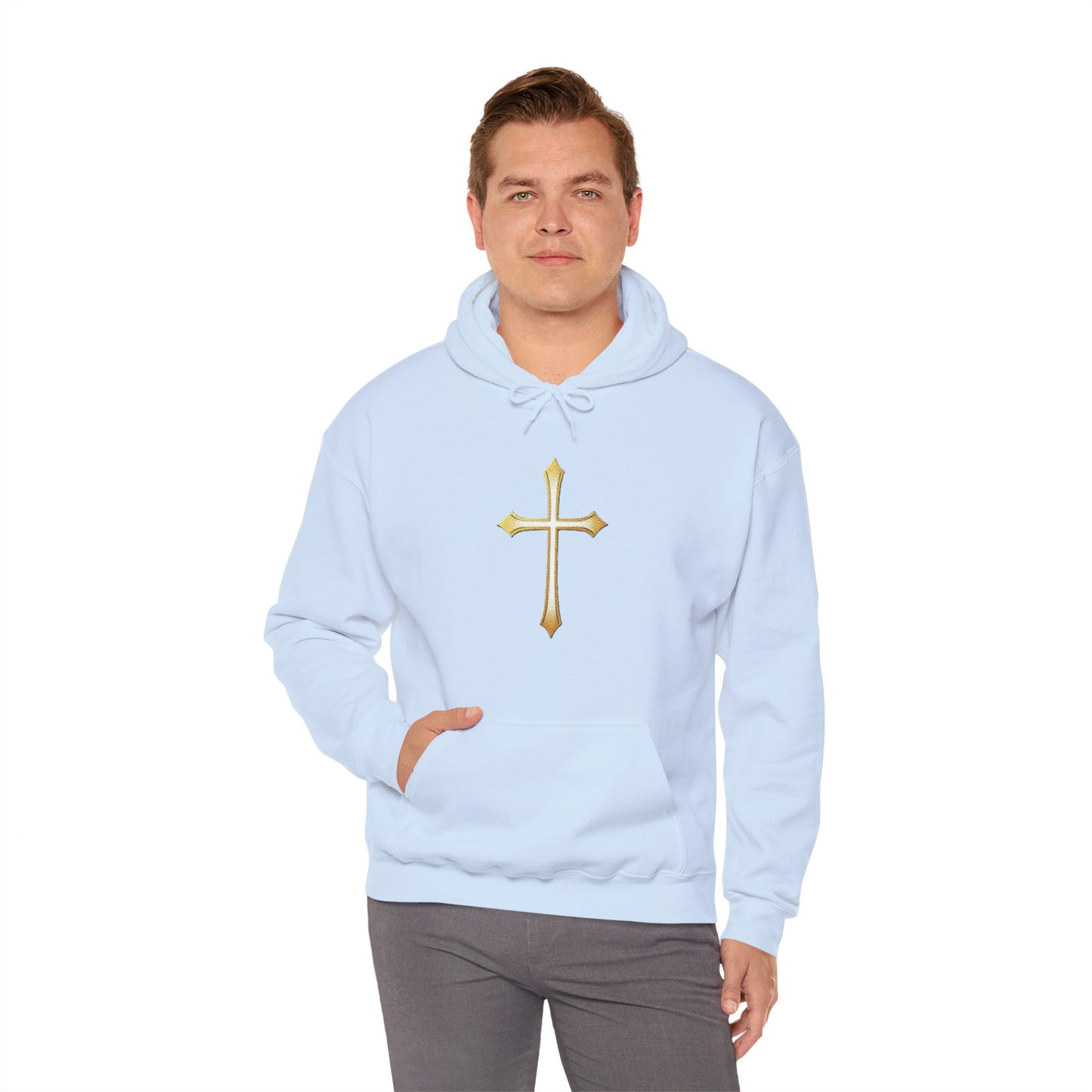 Men’s Gold Cross Hoodie – Bold Christian Faith Hoodie with Front & Back Design