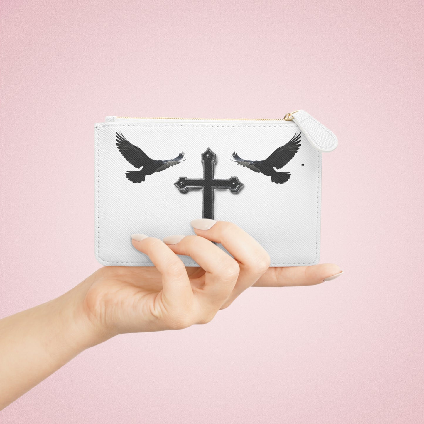 “Shadowed Faith” | Women’s Mini Clutch – Black Cross with Flanking Crows