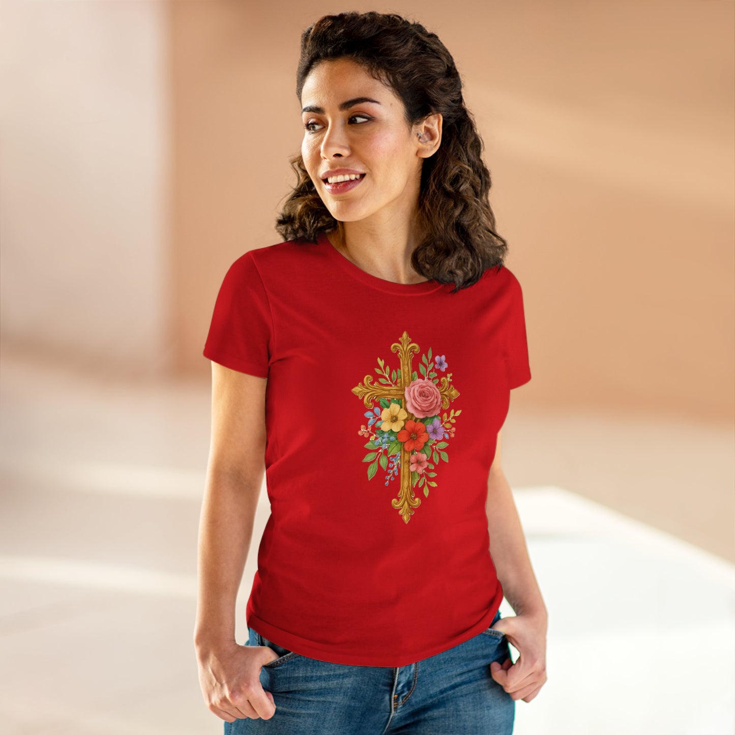Radiant Floral Cross Women’s T-Shirt – Faith & Beauty in Bloom