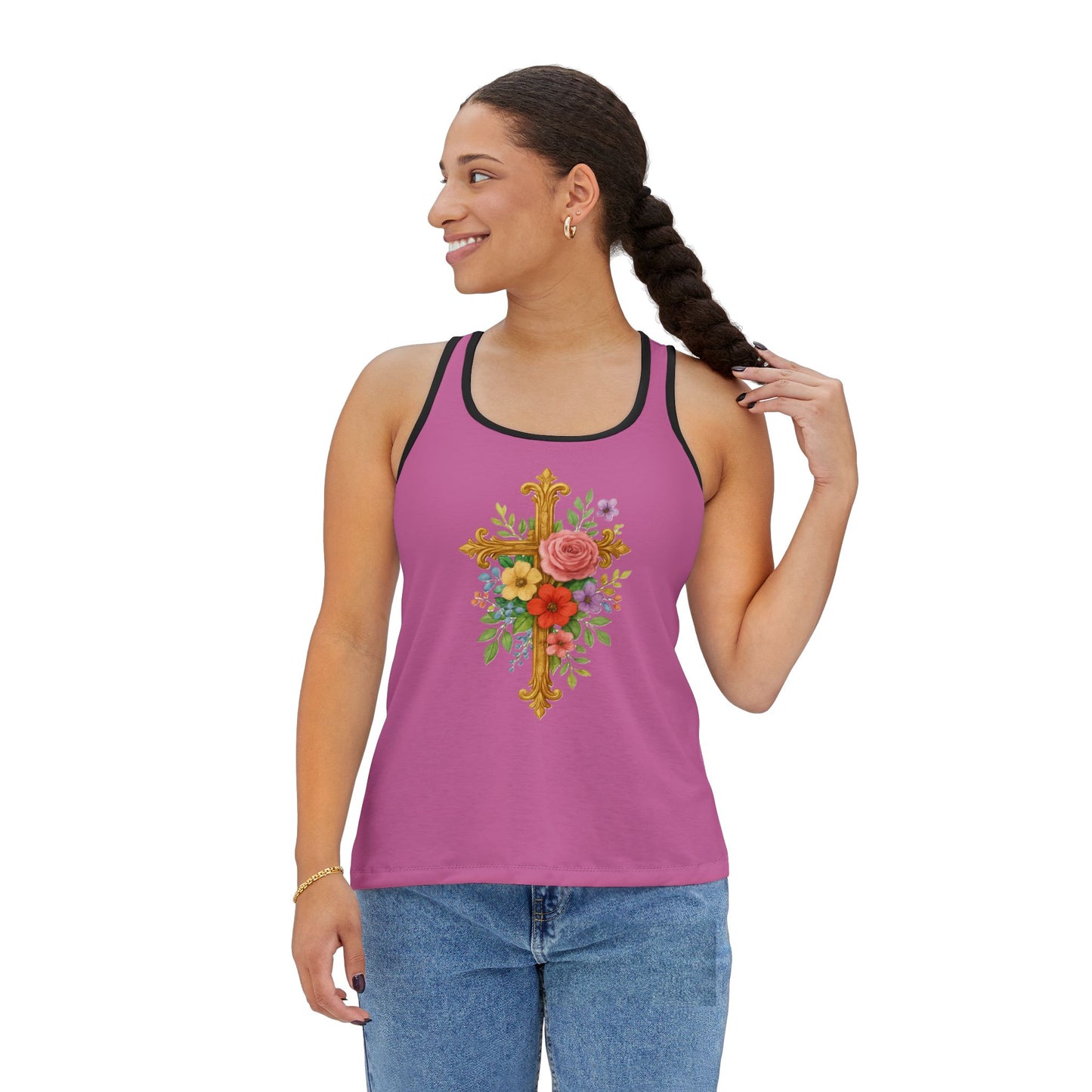 Floral Cross Women’s Christian Tank Top in Pink – Beauty in the Power of the Cross