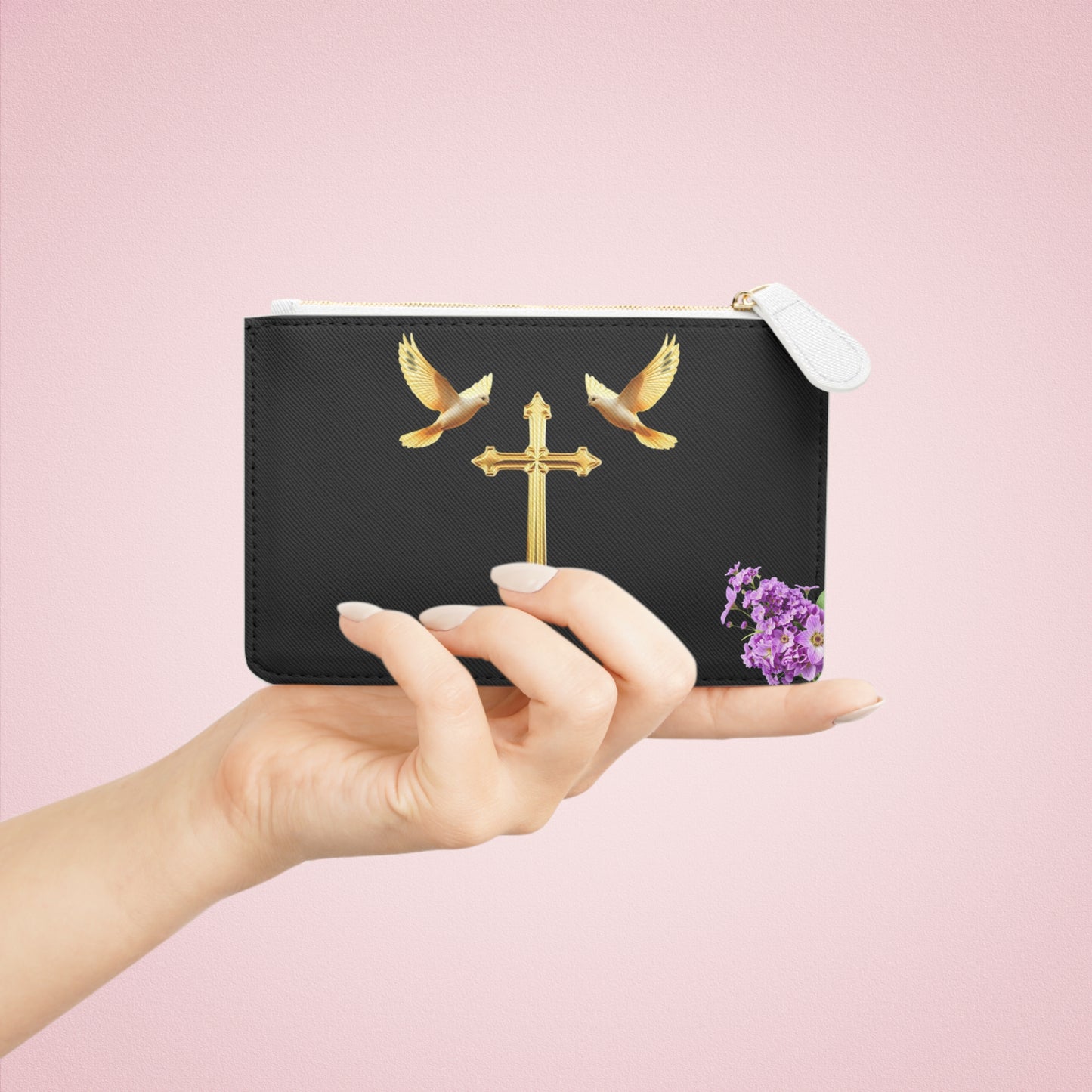 “Heaven’s Embrace” | Women’s Mini Clutch in Black – Gold Cross with Flying Doves