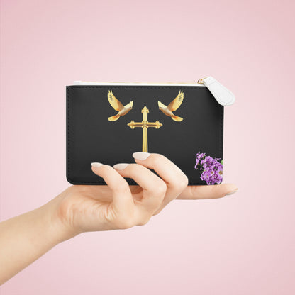 “Heaven’s Embrace” | Women’s Mini Clutch in Black – Gold Cross with Flying Doves