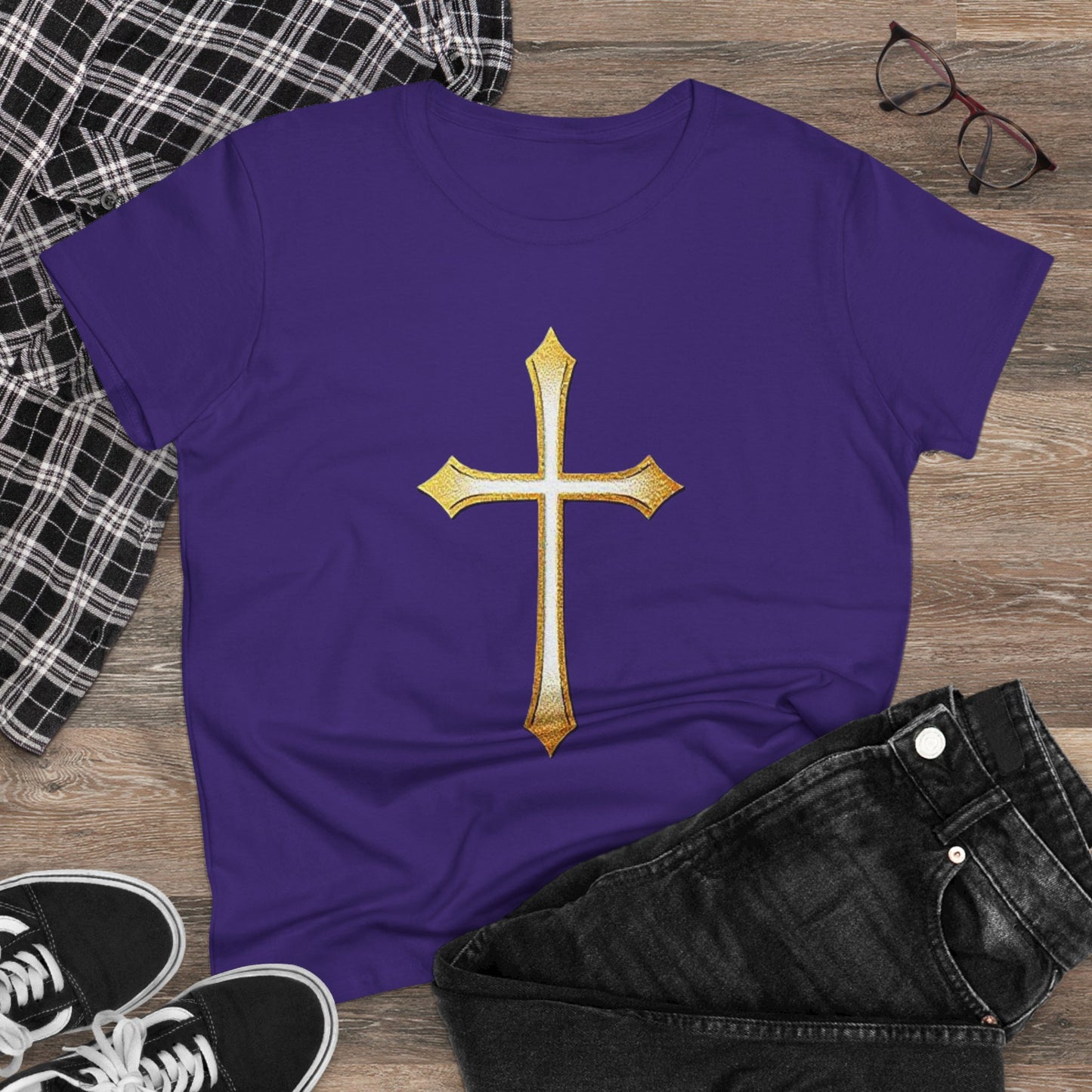 Women’s Gold Cross Tee – Christian Faith Shirt with Bold Cross Design