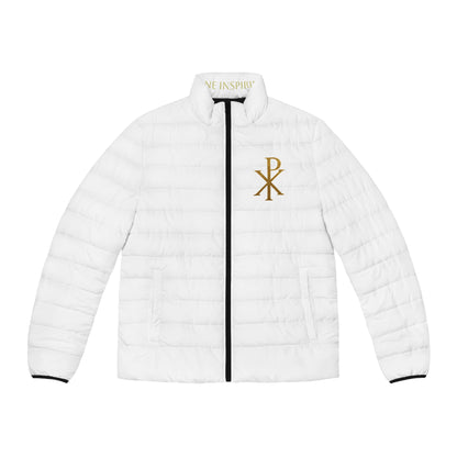 Men's White Puffer Jacket with Gold Chi Rho – Faith in Bold Contrast