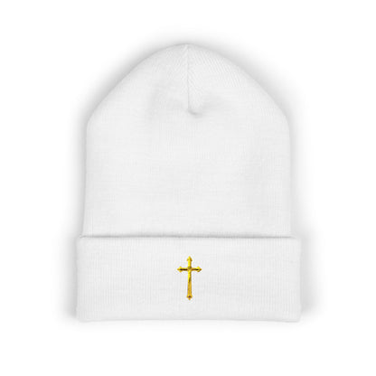 Golden Grace Cuffed Beanie – Embroidered Cross