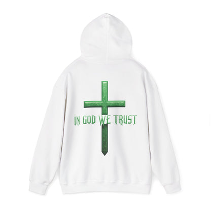 Sheltered in His Strength – Women’s “In God We Trust” Christian Hoodie with Cross