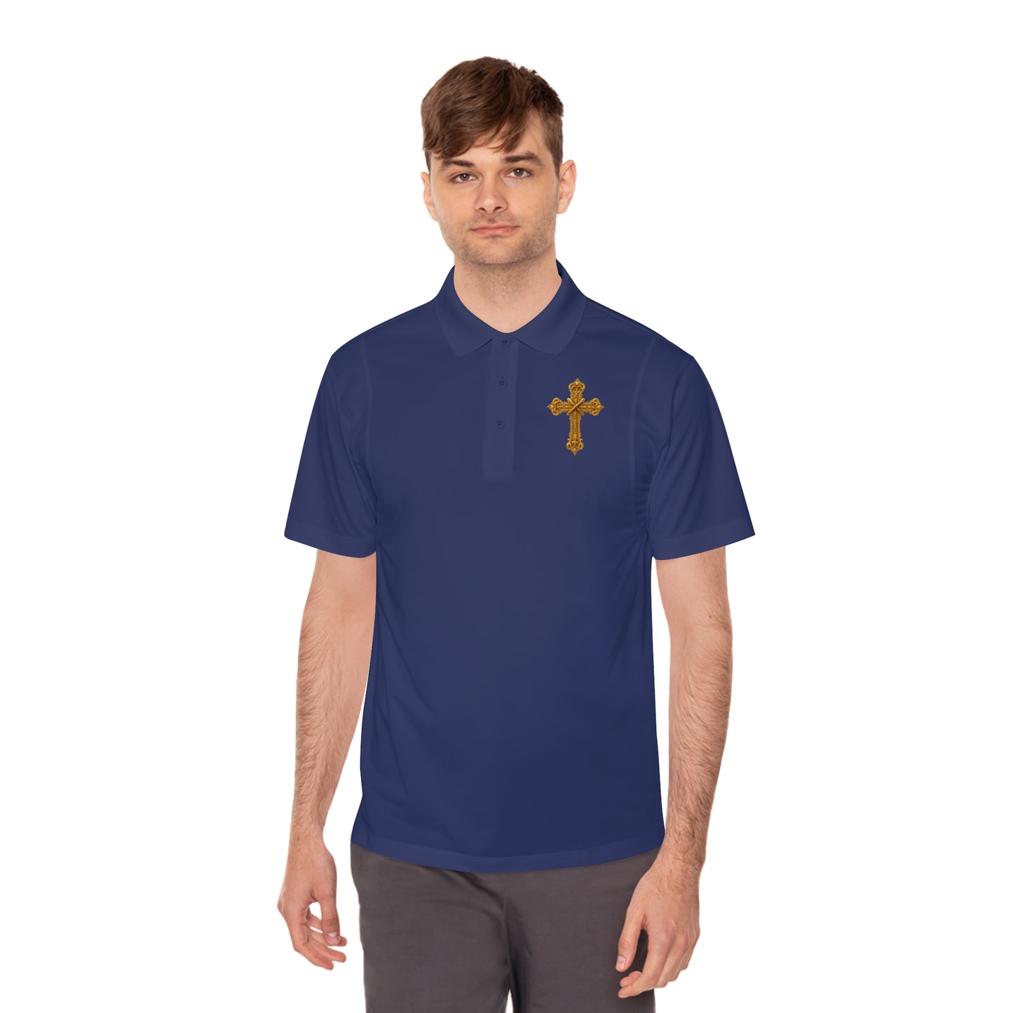 Men’s Ornate Gold Cross Polo Shirt – Elegant Christian Style
