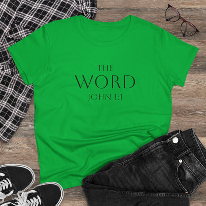 “The Word Eternal” – Women’s Christian Tee with Bold Dark Lettering (John 1:1)