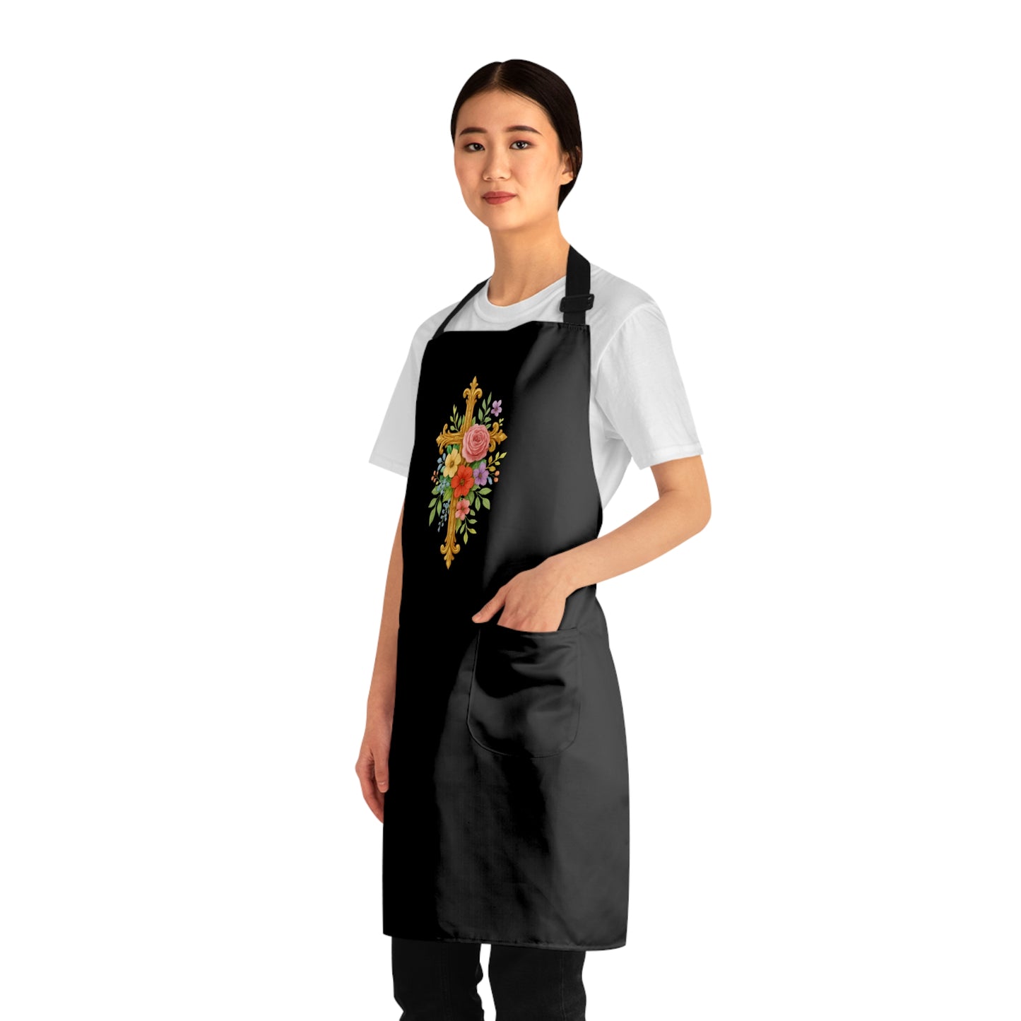 Floral Cross Christian Kitchen Apron in Black – Faith & Beauty in Every Meal