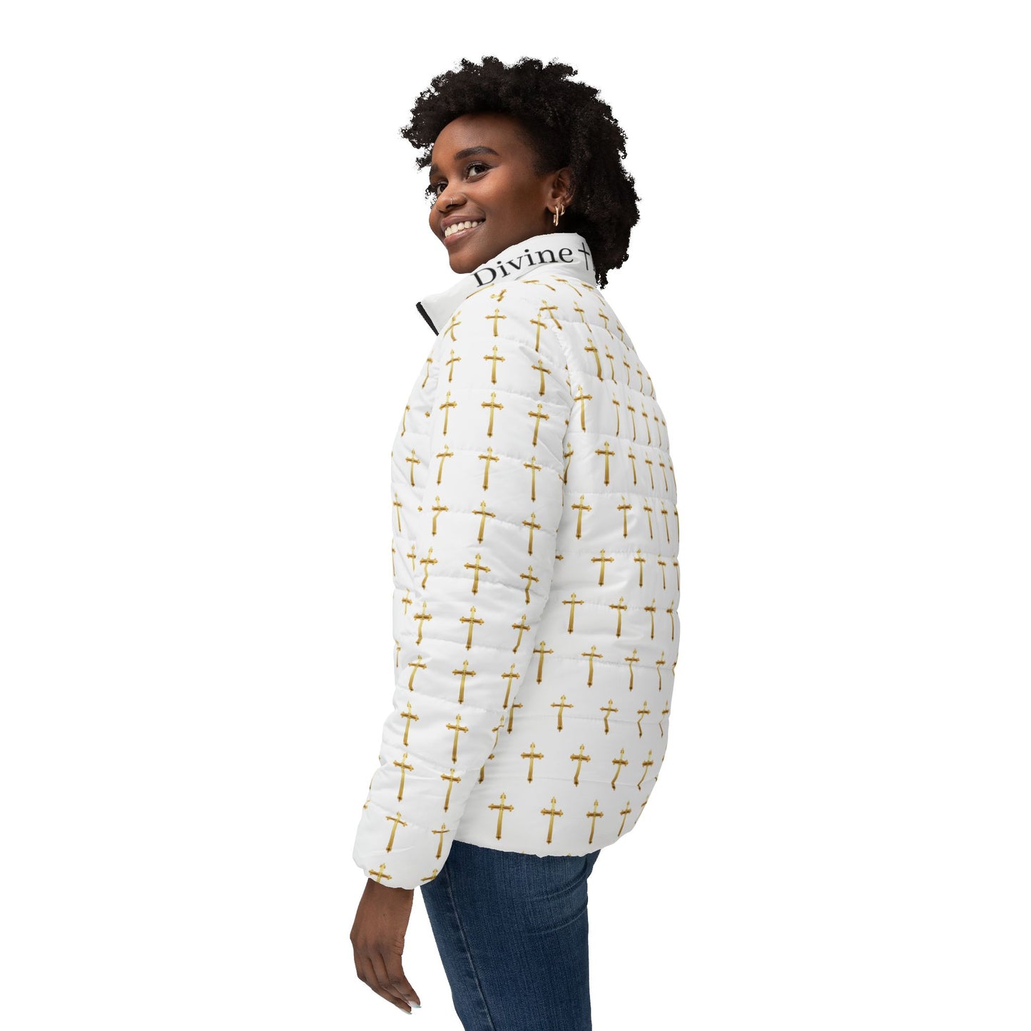 Golden Light Women’s Puffer Jacket – All-Over Cross Pattern