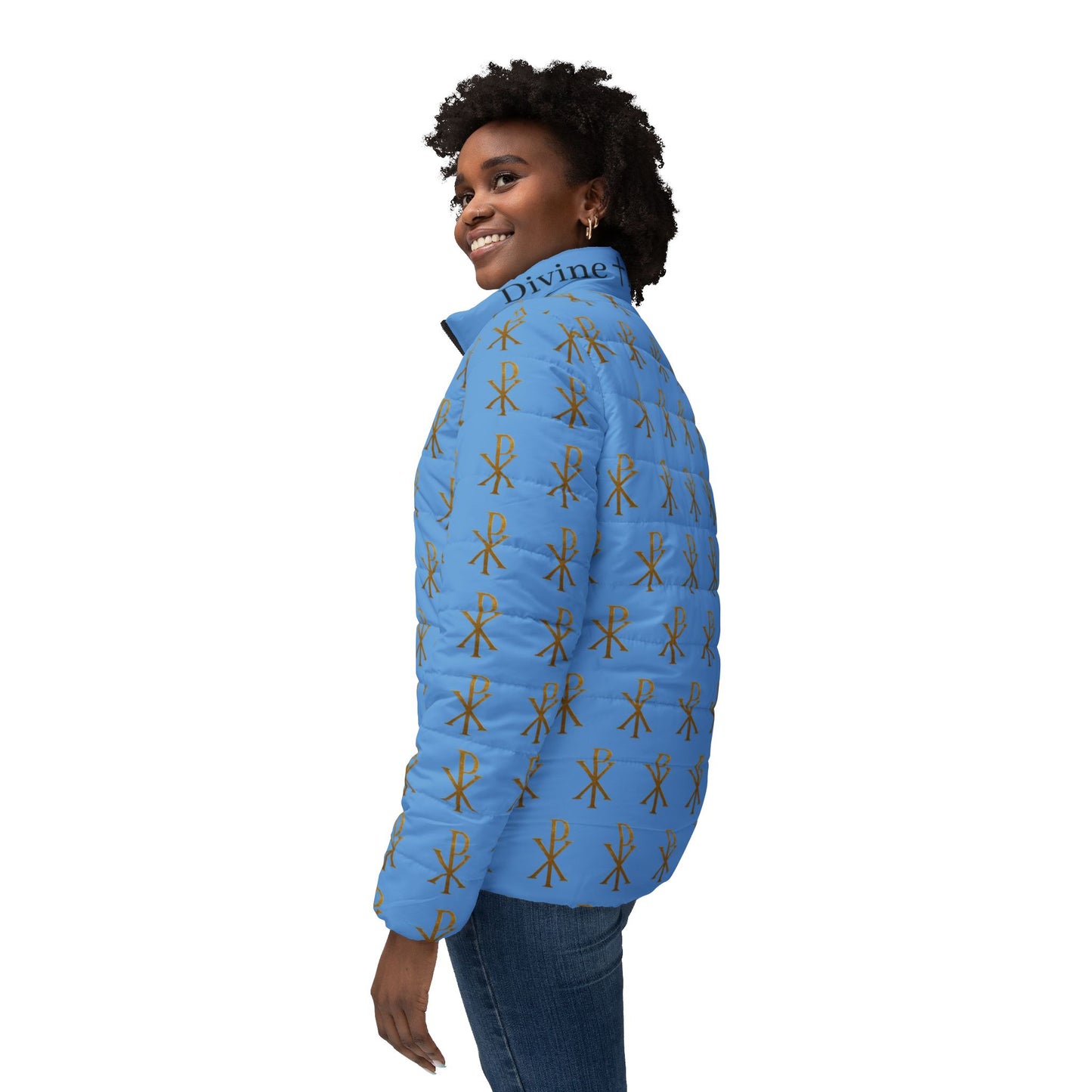 Radiant Victory Women’s Puffer Jacket in Blue – Gold Chi Rho Pattern