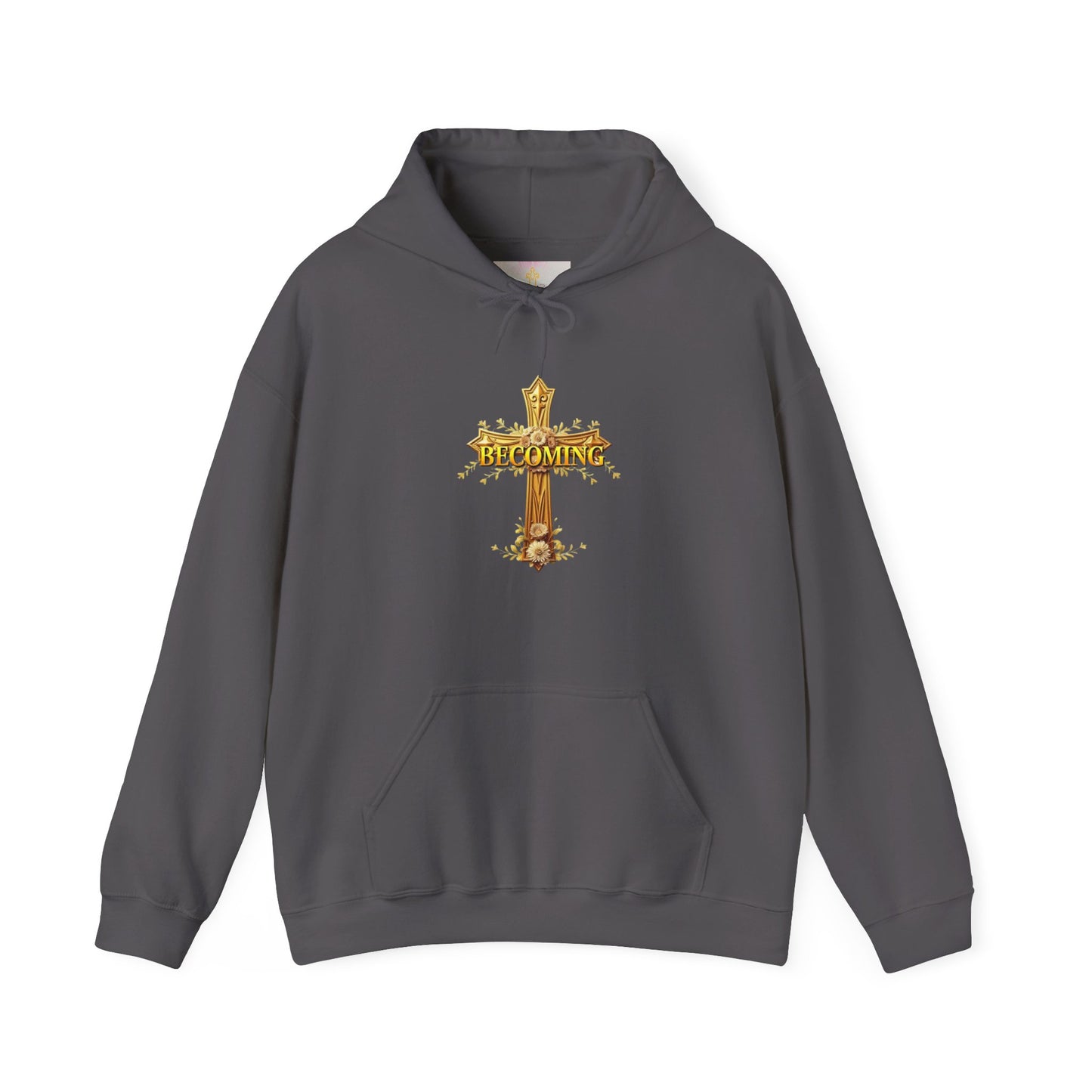 Becoming Women’s Faith Hoodie – Gold Cross Edition (1 Corinthians 15:49)