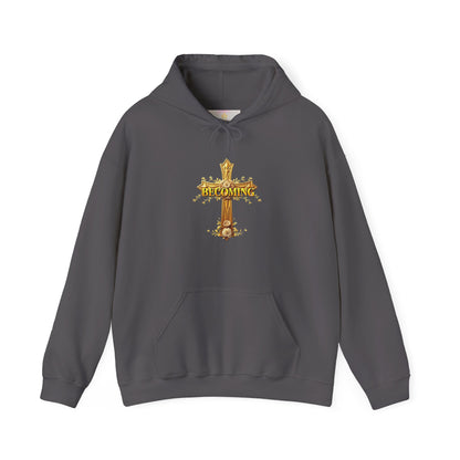 Becoming Women’s Faith Hoodie – Gold Cross Edition (1 Corinthians 15:49)