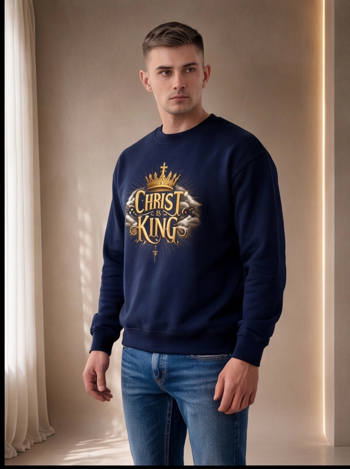 Man wearing a navy blue sweatshirt with 'Christ the King' text and design indoors.