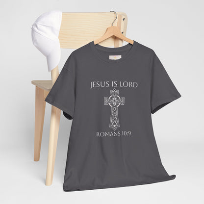 Jesus Is Lord – Romans 10:9 Men’s Bold Faith Tee (White Lettering)
