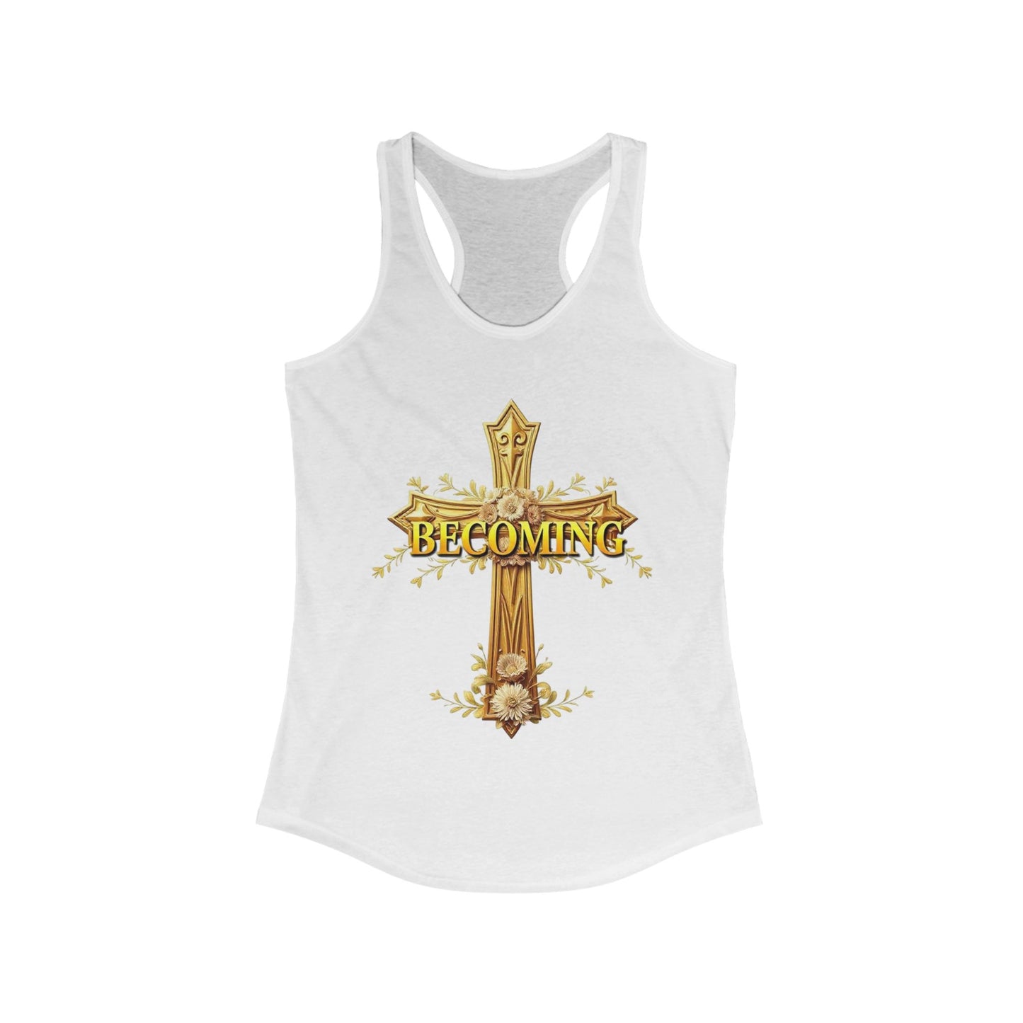 Becoming Women’s Racerback Tank – Gold Cross Edition (1 Corinthians 15:49)