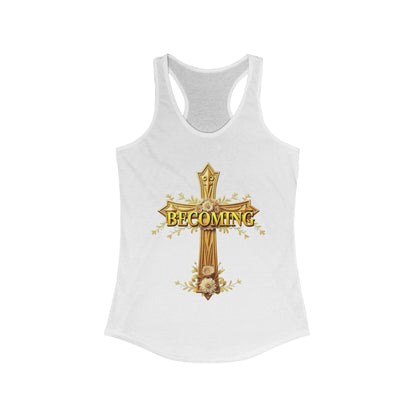Becoming Women’s Racerback Tank – Gold Cross Edition (1 Corinthians 15:49)