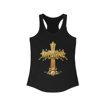Becoming Women’s Racerback Tank – Gold Cross Edition (1 Corinthians 15:49)