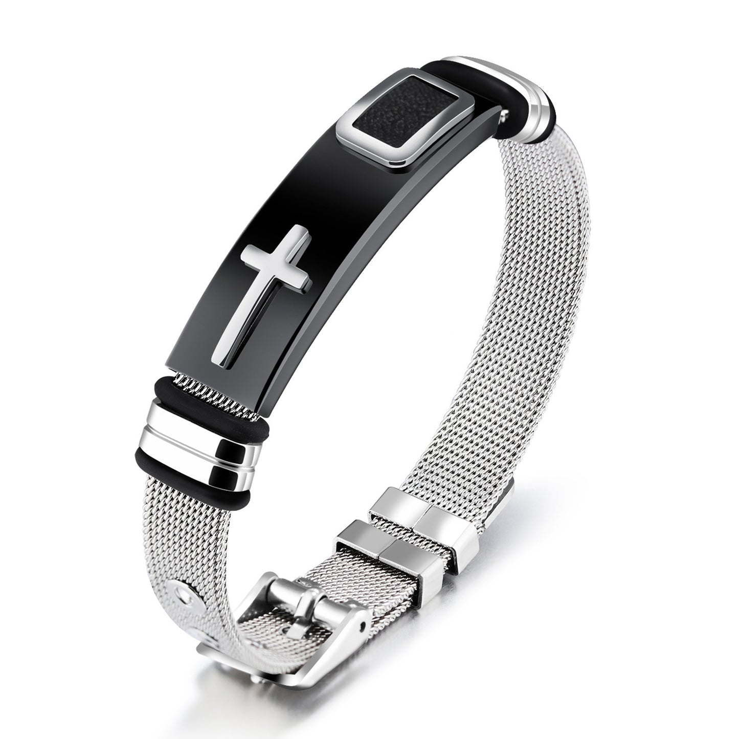 Silver mesh bracelet with black accent and cross charm on a white background