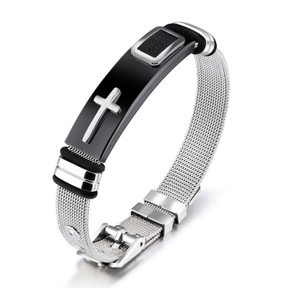 Silver mesh bracelet with black accent and cross charm on a white background