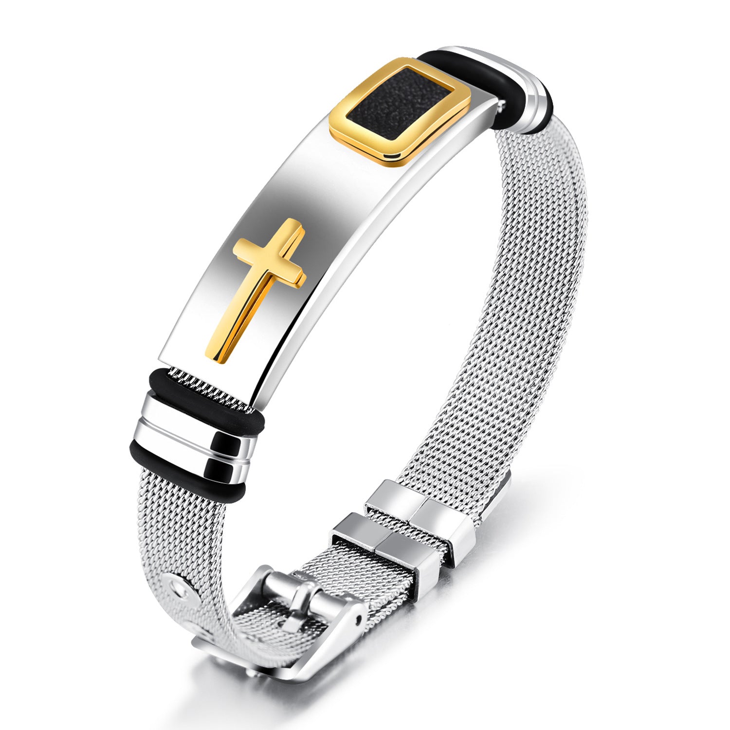 Silver mesh bracelet with gold cross and black accents on a white background