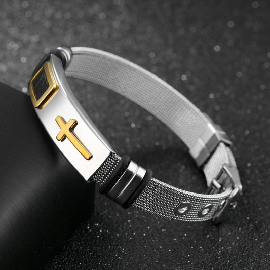 Bracelet with gold cross on a dark textured background