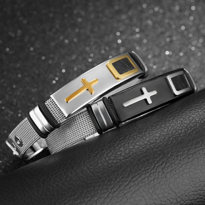 Three bracelets with cross designs on a textured surface