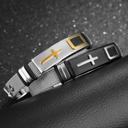 Three bracelets with cross designs on a textured surface