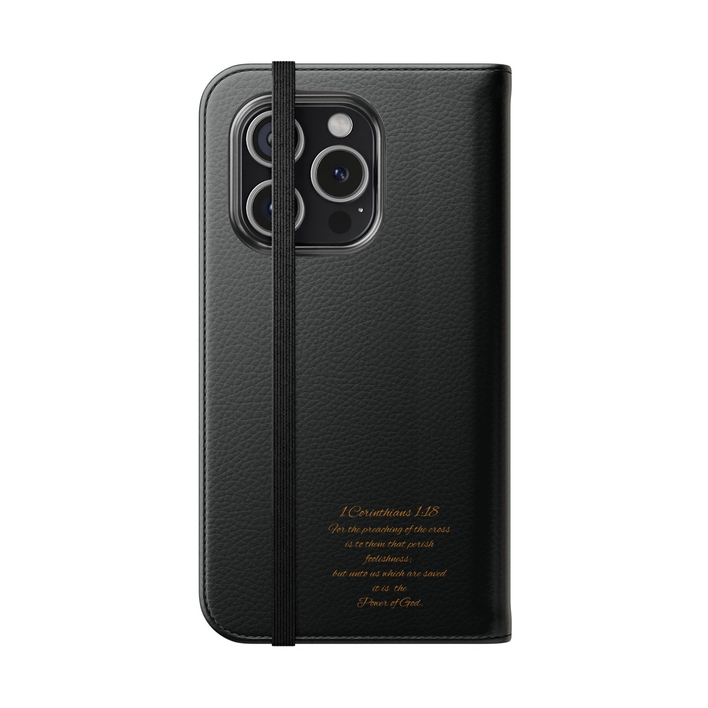 Black with Gold Cross & 1 Corinthians 1:18 - iPhone Flip/Wallet Phone Case