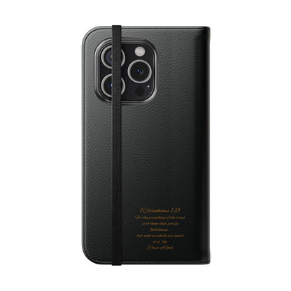 Black with Gold Cross & 1 Corinthians 1:18 - iPhone Flip/Wallet Phone Case
