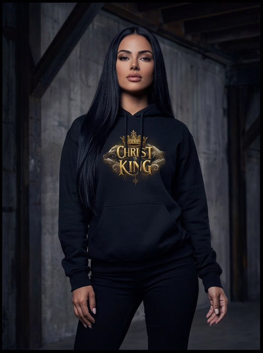 Person wearing a black hoodie with 'Christ King' text in gold.