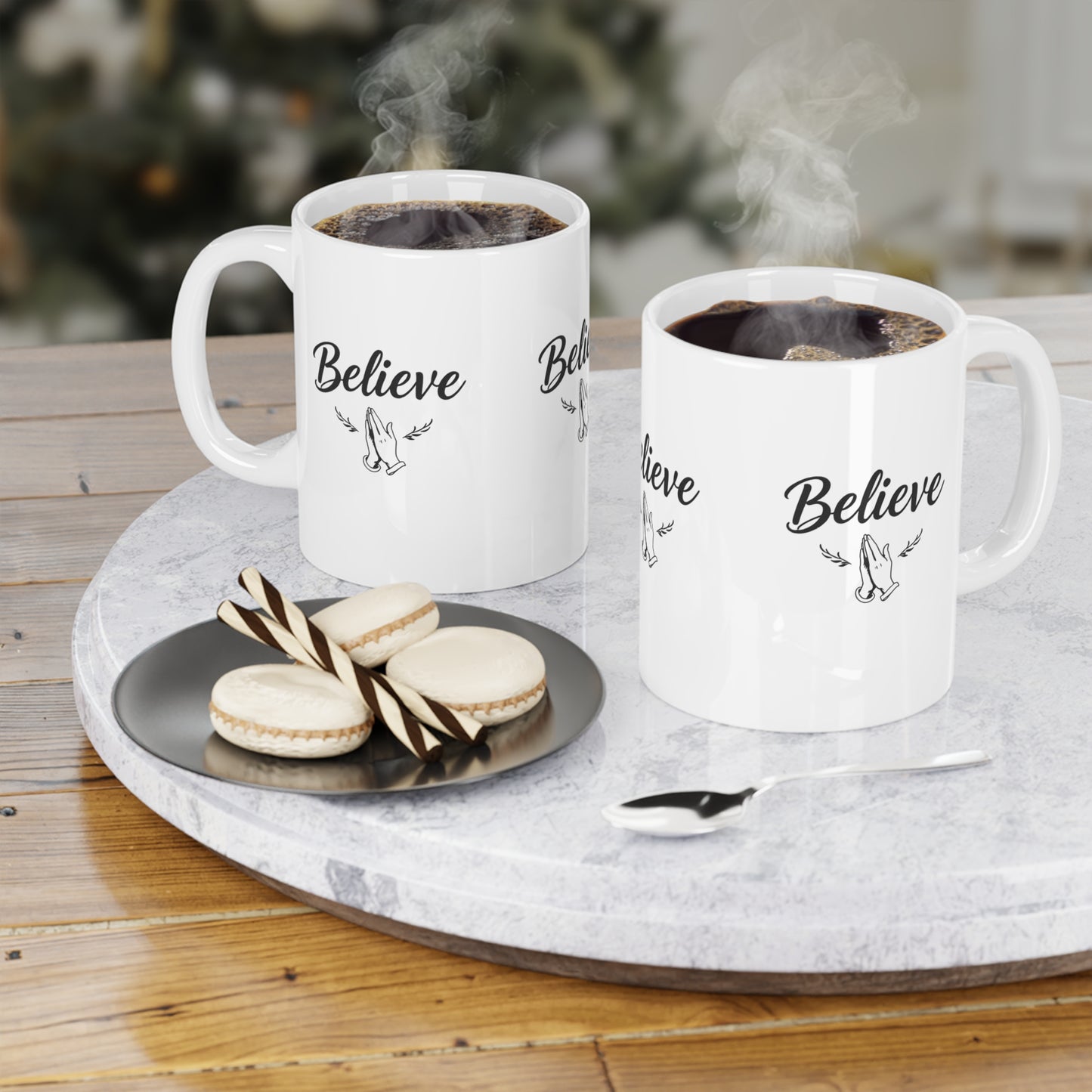 “Believe” Ceramic Mug – Prayer Hands Design