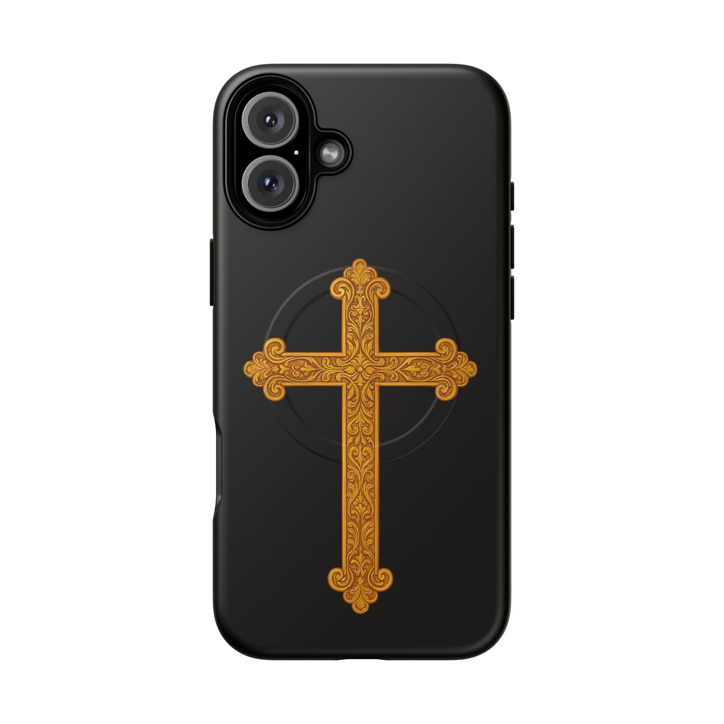 Gold Cross on Black Magnetic Tough Case for iPhone – Strength in Faith