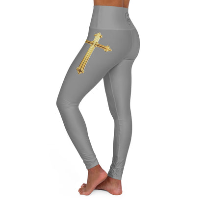 Gold Cross Women’s High-Waisted Yoga Leggings in Grey – Symbol of Eternal Victory