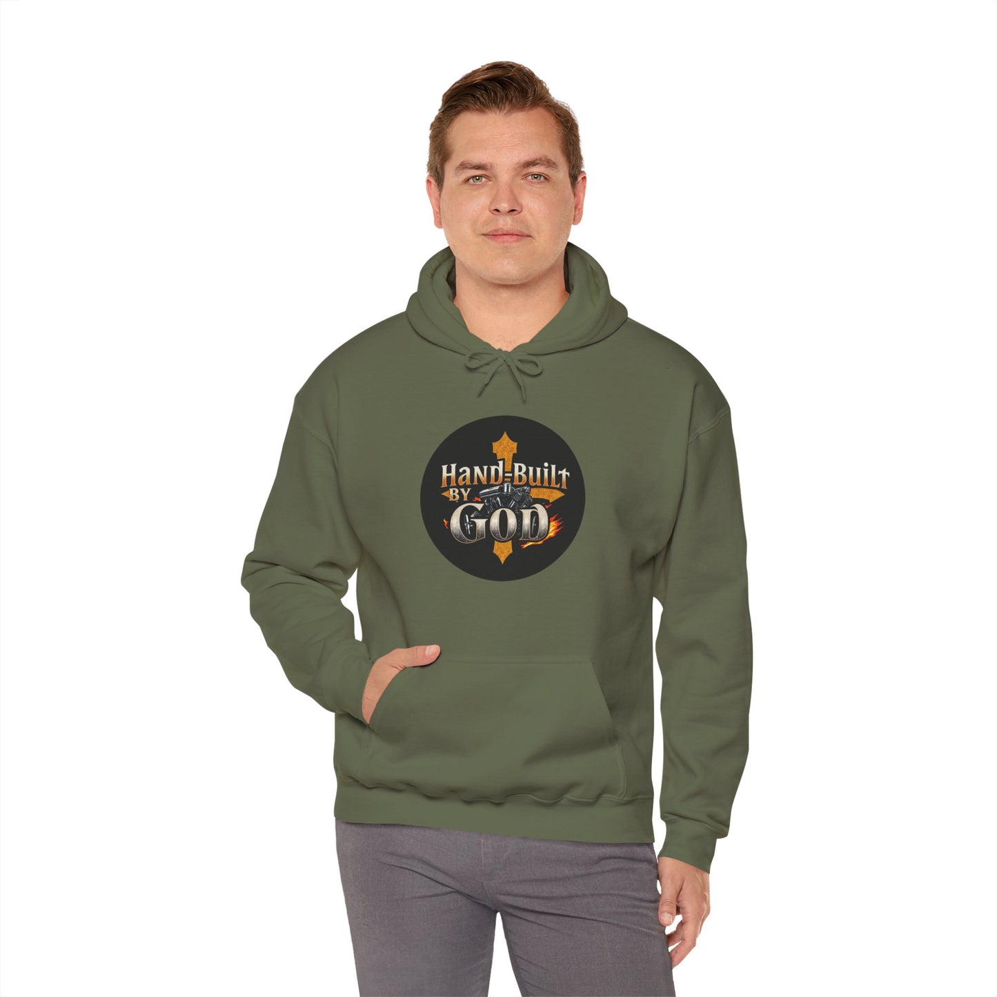 Hand Built by God Men’s Christian Hoodie – Cross & Engine Design