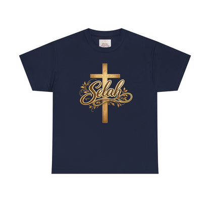 Selah Cross Tee — Women's Christian T‑Shirt with Gold Script