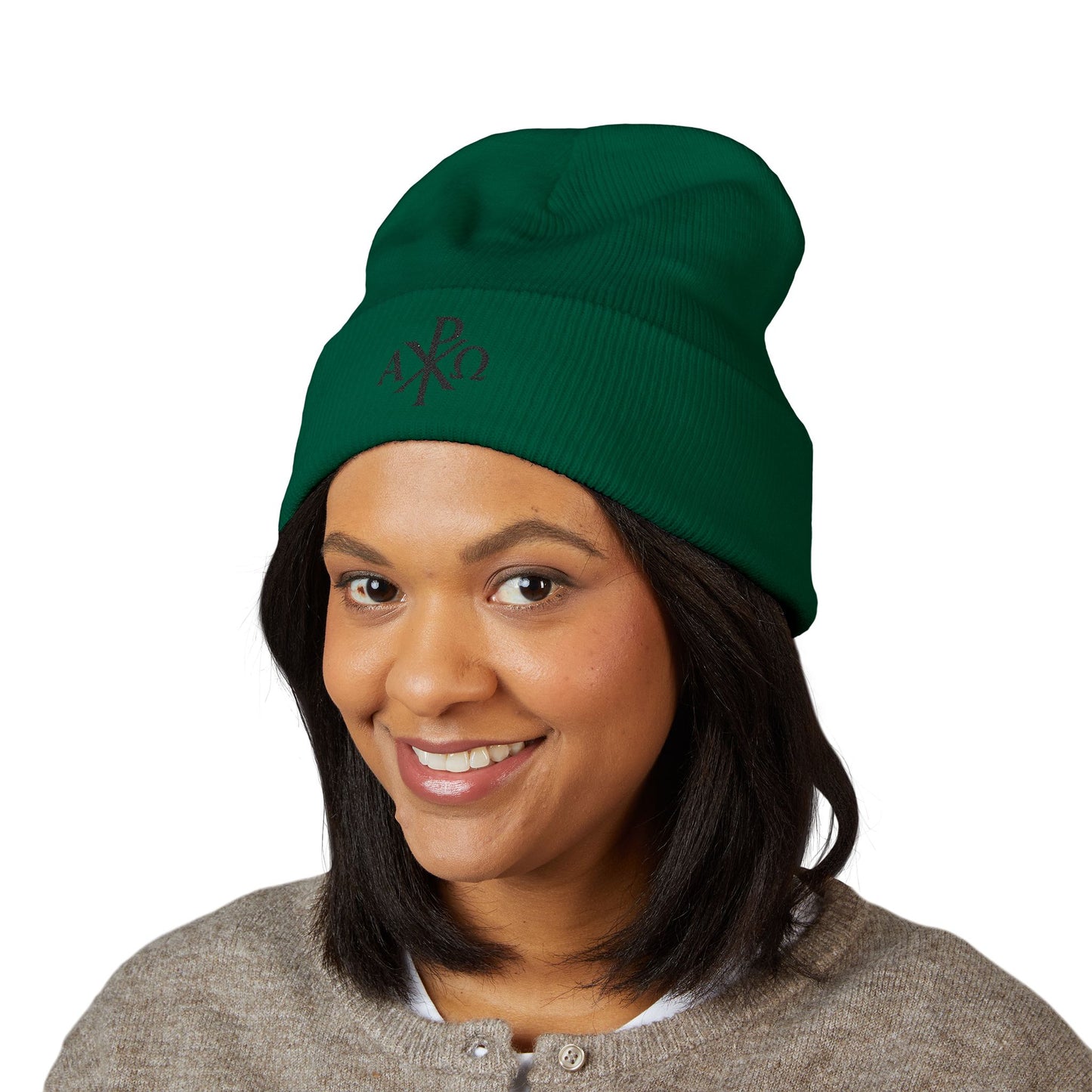 Eternal Light Cuffed Beanie – Black Chi Rho with Alpha & Omega