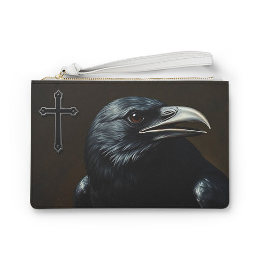Faith & Shadow Clutch – Black Cross with Crow Portrait